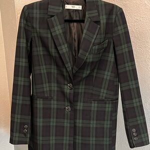 Mango Casual Black Green & Navy Checkered Blazer